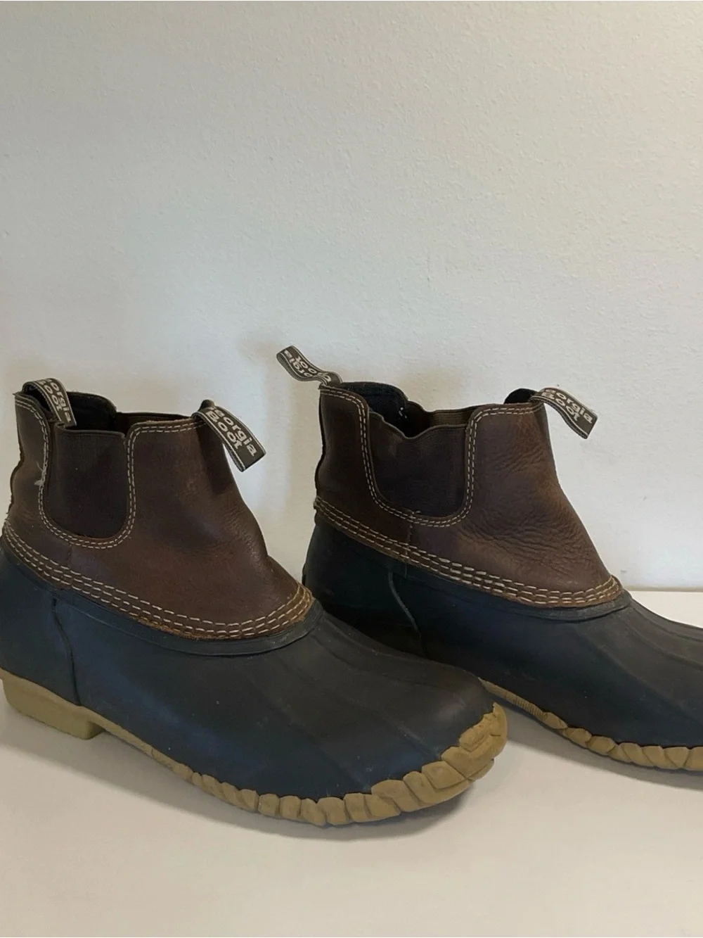 Georgia Boot Brown Leather and Black Rubber Duck Boots with Tan Soles Size 8